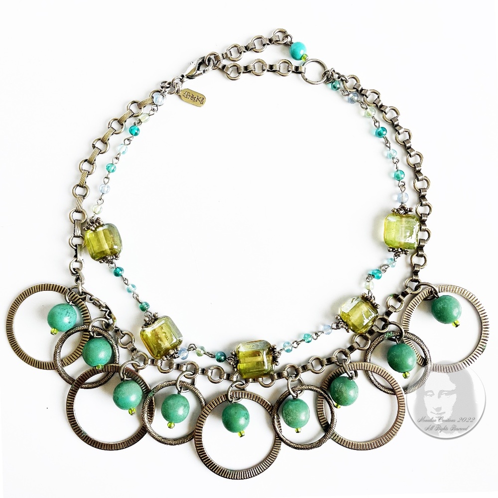 Treska Necklace Choker Beads Silver Metal Rings Stones Multi-Chain Mod Chic